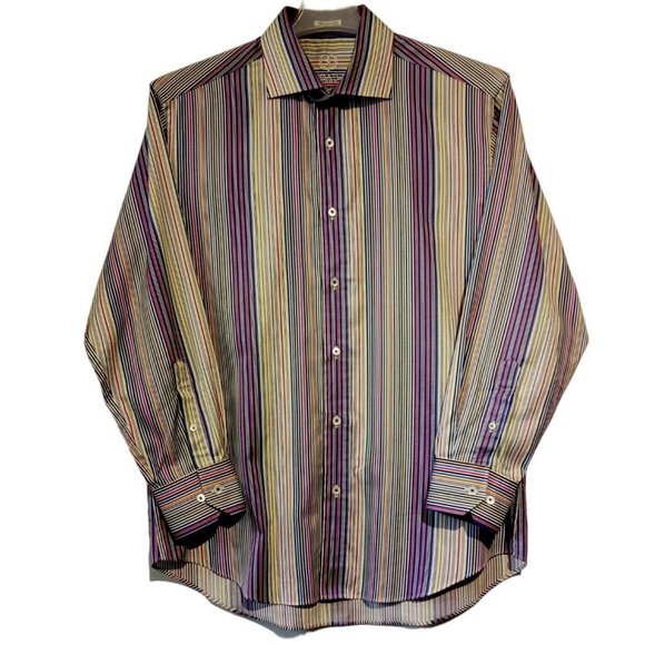 BUGATCHI Collared ShirtMen's sz LargeCottonPurple stripeShaped FitEXC